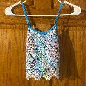 Kids bathing suit, multicolored top with blue and blue bottoms